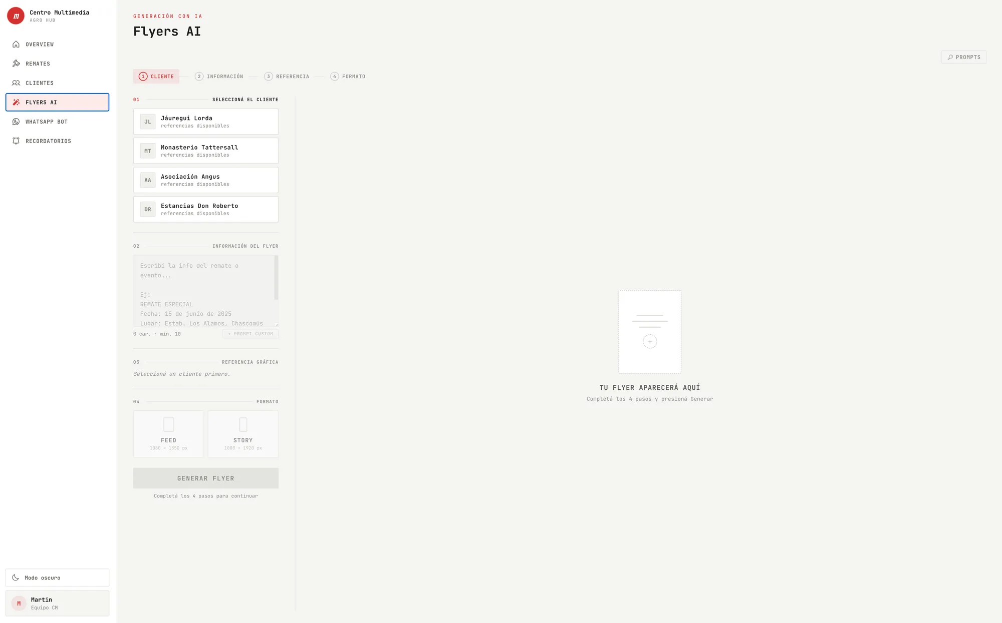 AI flyer generator: client selection, auction details, reference artwork and output format